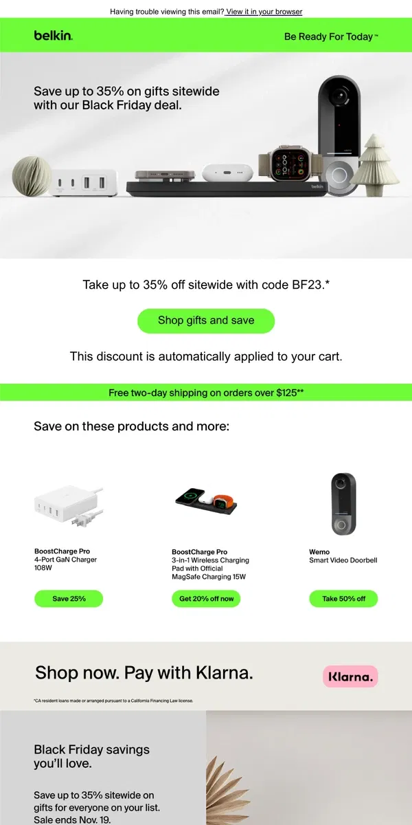 Email from Belkin. Get gifting for the holidays and save