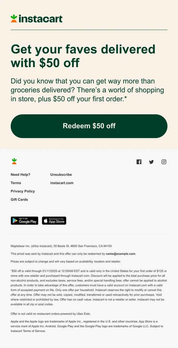 Email from Instacart. 🎉 Get $50 off your first order!