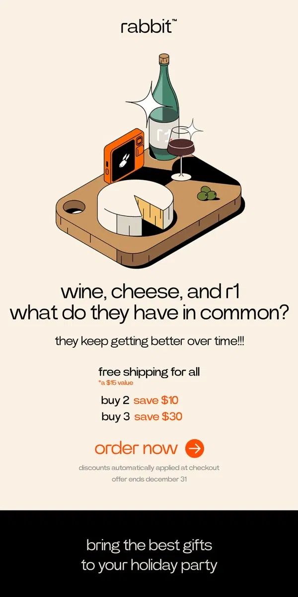 Email from rabbit. what do wine, cheese and r1 have in common?