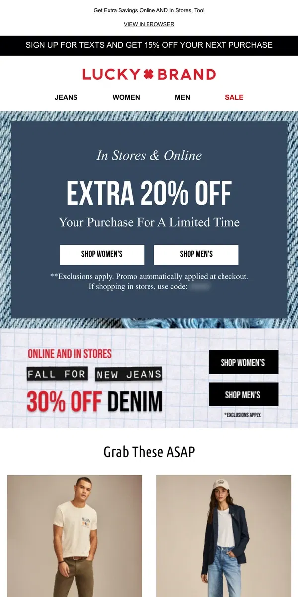 Email from Lucky Brand. TGIF! Extra 20% Off Your Purchase + 30% Off Denim