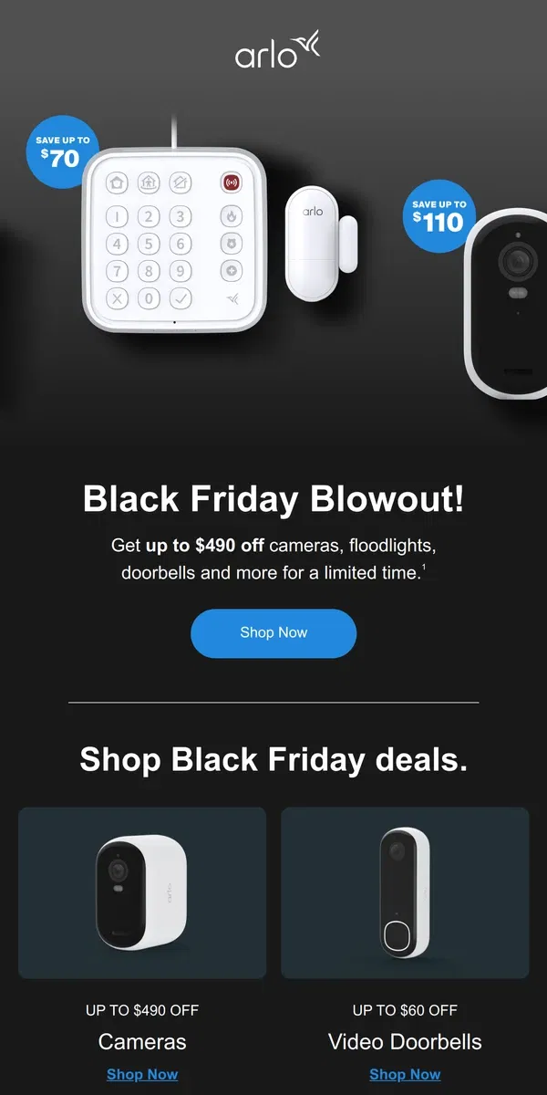 Email from Arlo. The wait is over. Our Black Friday Blowout is here!