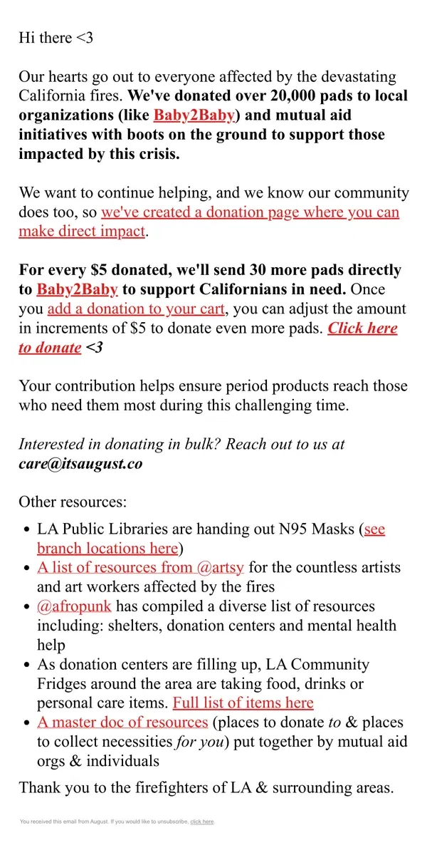 Email from August. California Wildfire Relief Support