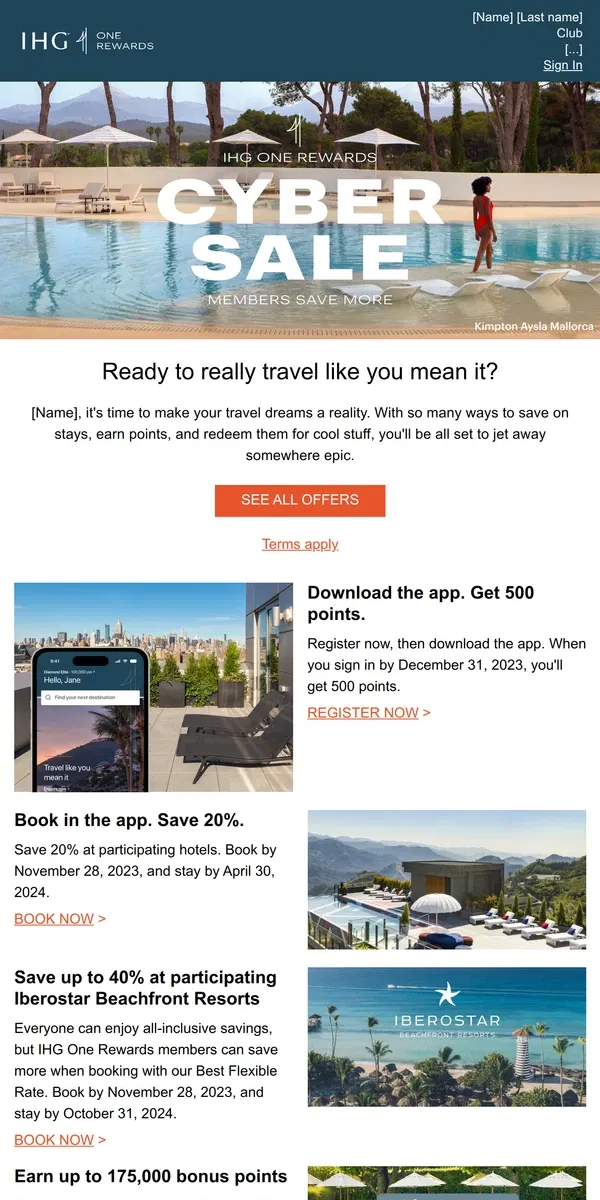 Email from IHG Hotels & Resorts. The Cyber Sale is on! Save 20% with your app + more