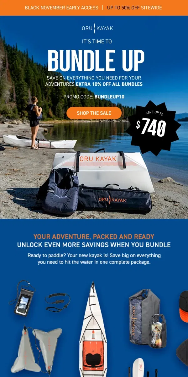 Email from Oru Kayak. Limited Offer: Extra 10% Off Kayak Bundles ⚡