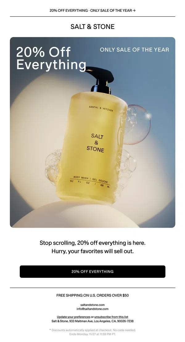 Email from SALT & STONE. 20% Off Everything 🚨