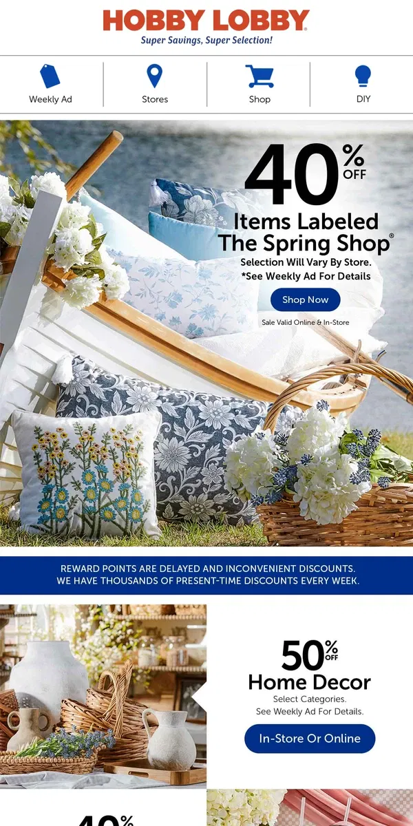 Email from Hobby Lobby. Spring Into Comfort With 40% Off Spring Pillows!