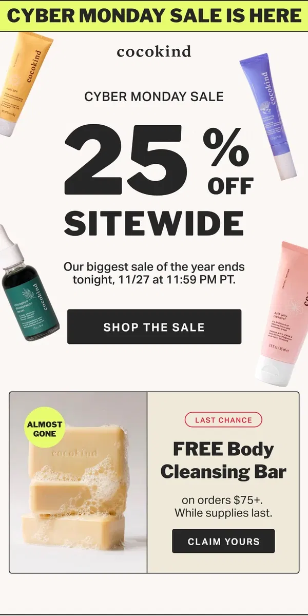 Email from cocokind. 25% off sitewide ends tonight