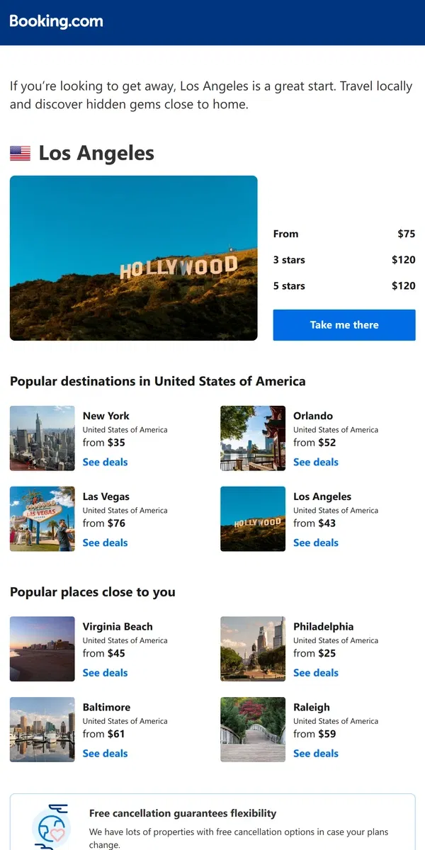 Email from Booking.com. Don’t forget your search for Los Angeles – prices as low as $75!