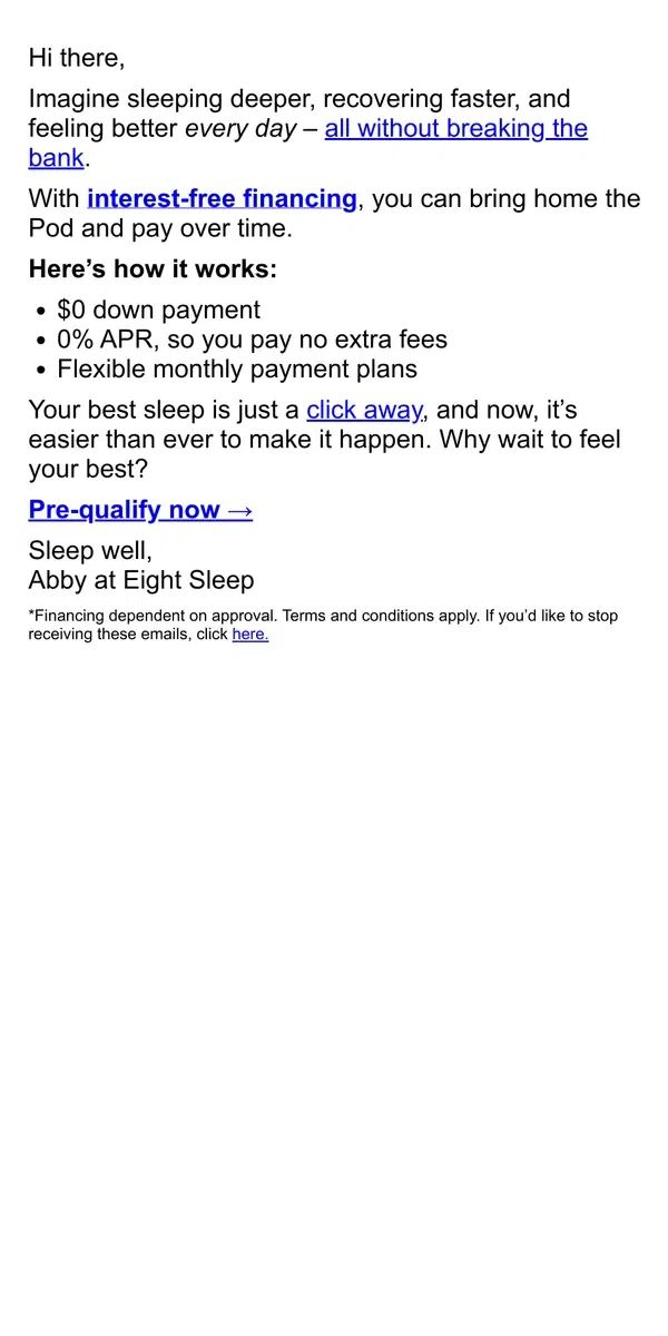 Email from Eight Sleep. Interest-free sleep