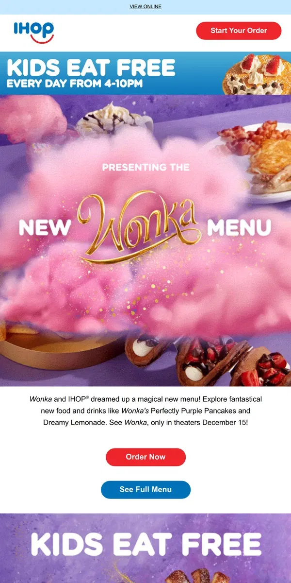 Email from IHOP. WONKA and IHOP® have created a whimsical new menu!