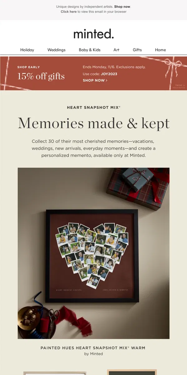 Email from Minted. 15% off gifts that cherish their memories