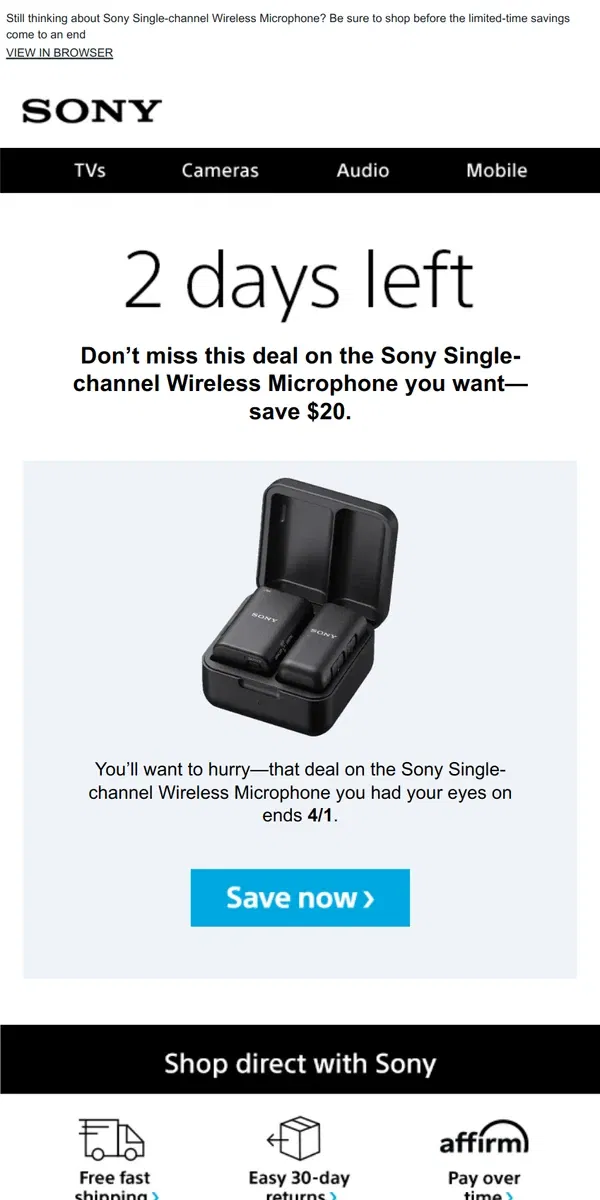 Email from Sony. Savings End Soon | Get What You Wanted for $20 Off