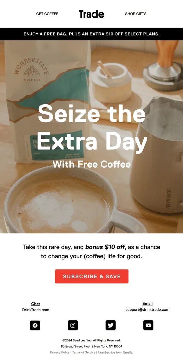 Email from Trade Coffee. Free Coffee for Leap Day 🐸