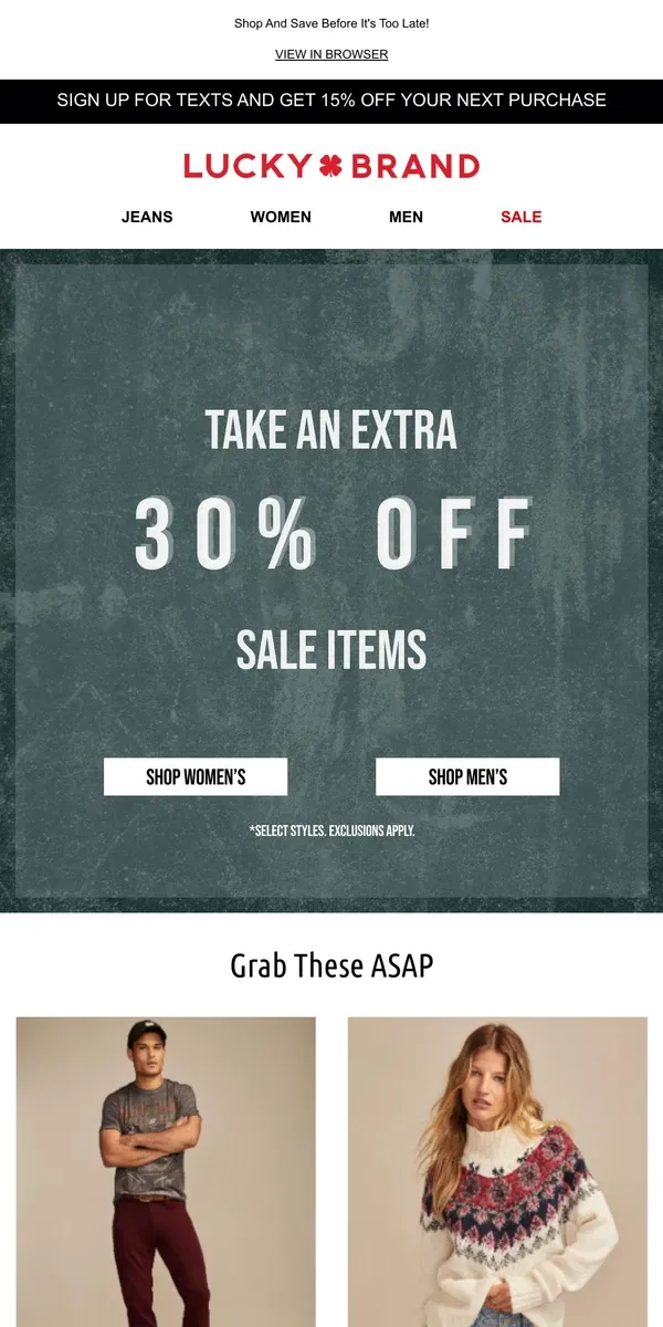 Email from Lucky Brand. Extra 30% Off Sale Is Going On NOW!