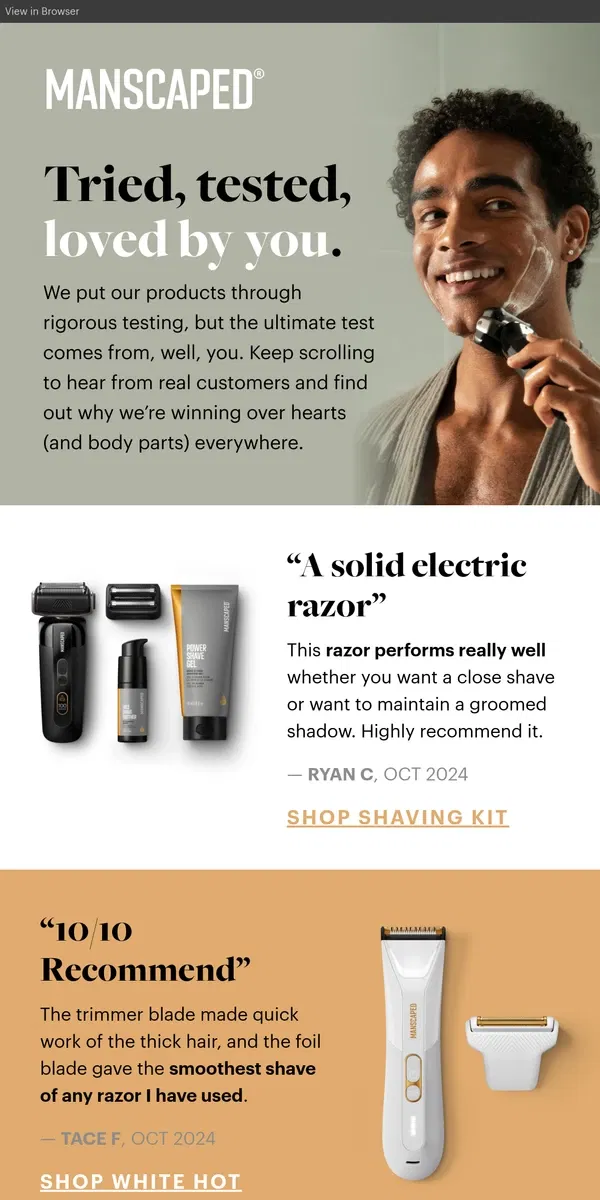 Email from MANSCAPED. Real men, real reviews