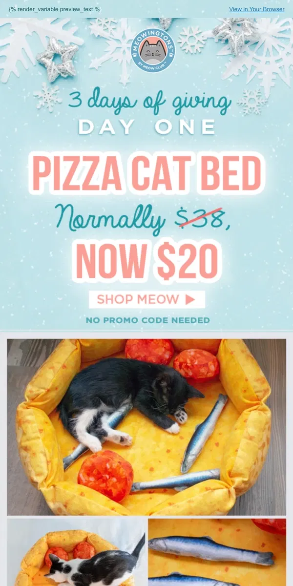 Email from Meowingtons. 3 Days of Giving 🍕 Day 1 of Deals!