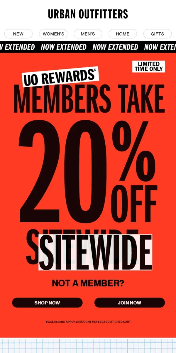 Email from Urban Outfitters. 🎁 NOW EXTENDED: 20% OFF SITEWIDE 🎁