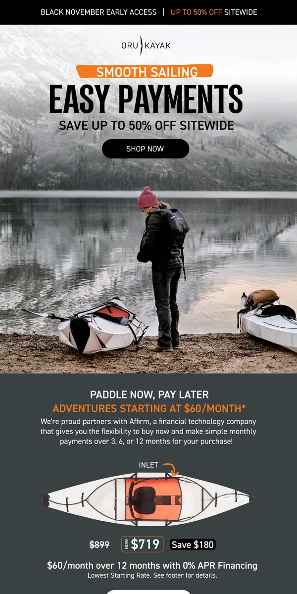 Email from Oru Kayak. Up to 50% Off | Paddle Now, Pay Later