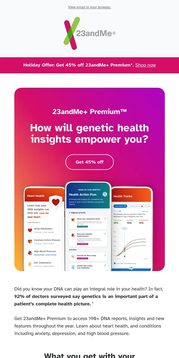 Email from 23andMe. How can genetics help you improve your health?