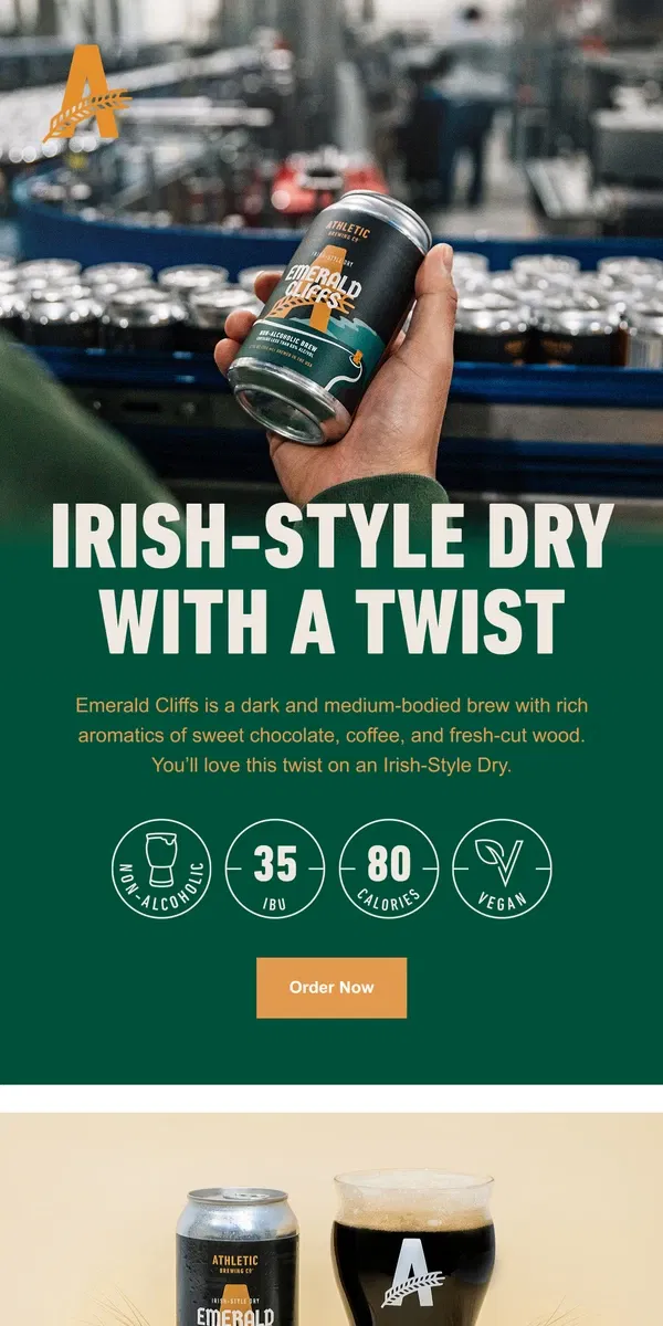 Email from Athletic Brewing Co. Cliff dive into deliciousness with Emerald Cliffs 🍀