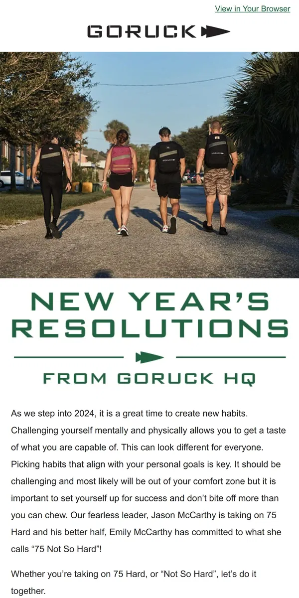 Email from GORUCK. Join in GORUCK HQ’s New Year’s Resolutions