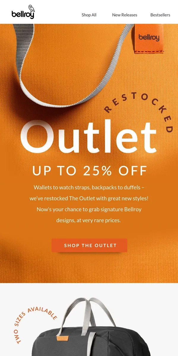 Email from Bellroy. Restocked Outlet. Big deals.