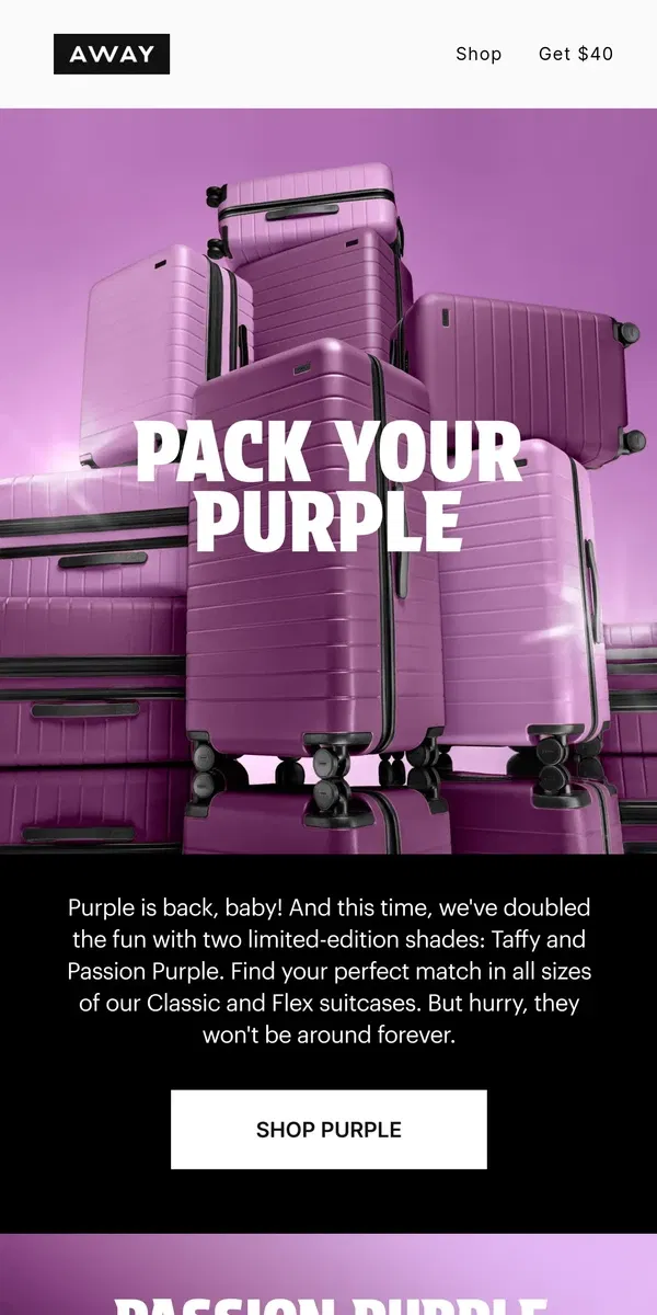 Email from Away. NEW: Purple just landed