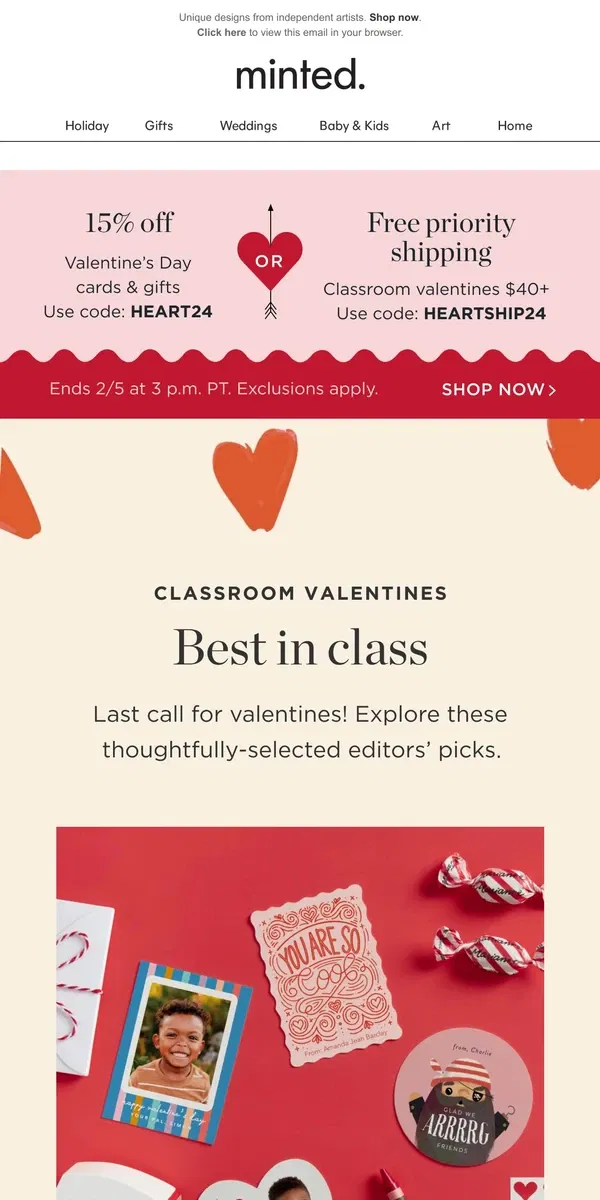 Email from Minted. 15% off editor-curated valentines