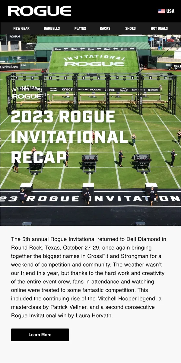 Email from Rogue Fitness. 2023 Rogue Invitational Recap