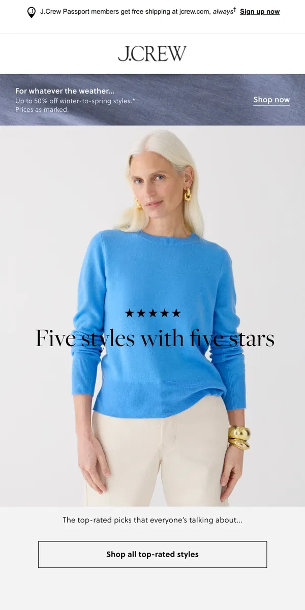 Email from J.Crew. Five styles with five stars