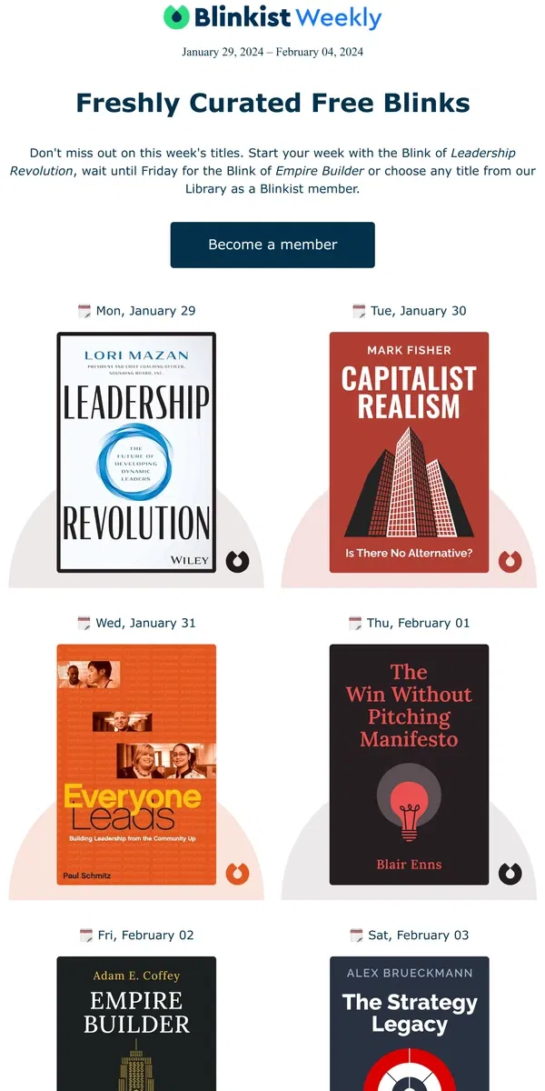 Email from Blinkist. 📚 Upcoming Reads: Your free book summaries for next week!