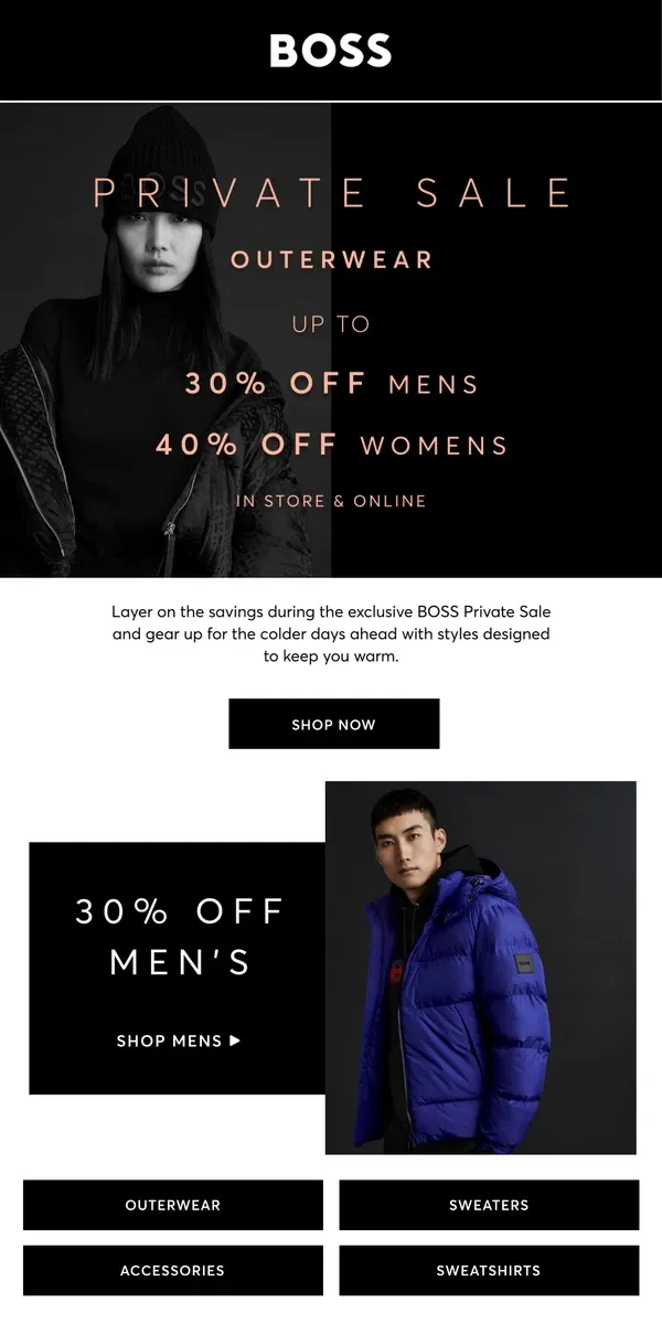 Email from HUGO BOSS. Build your winter wardrobe + 30% off