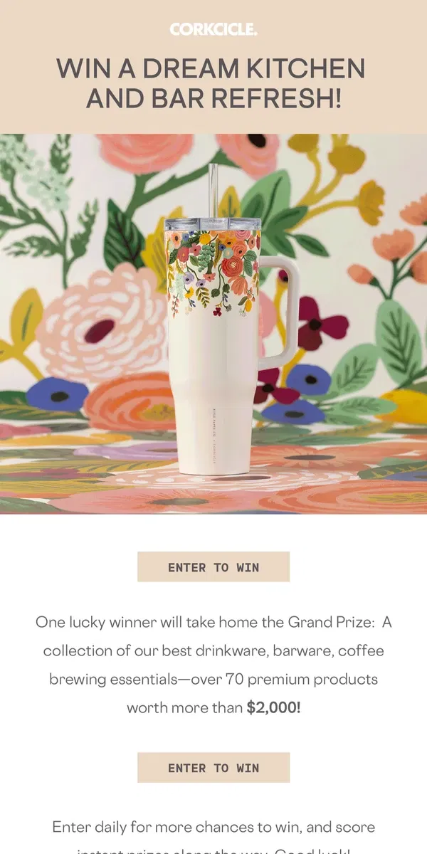 Email from CORKCICLE. Win $2,000 in Kitchen & Bar Goods!