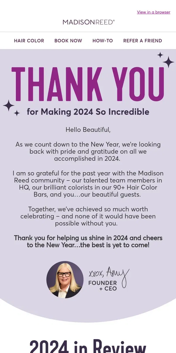 Email from Madison Reed. Cheers to 2024 - and Cheers to You ✨