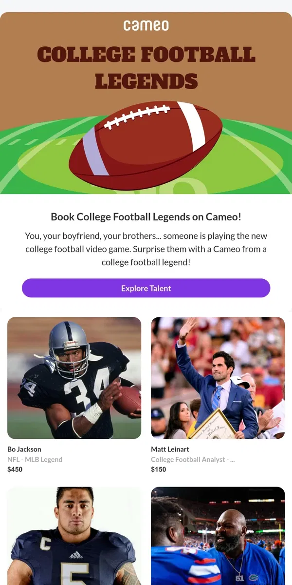 Email from Cameo. Check Out College Football Legends On Cameo