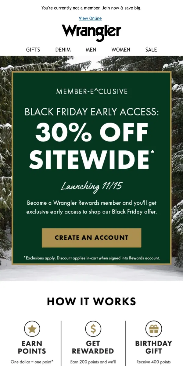 Email from Wrangler. Want access to 30% off sitewide?​