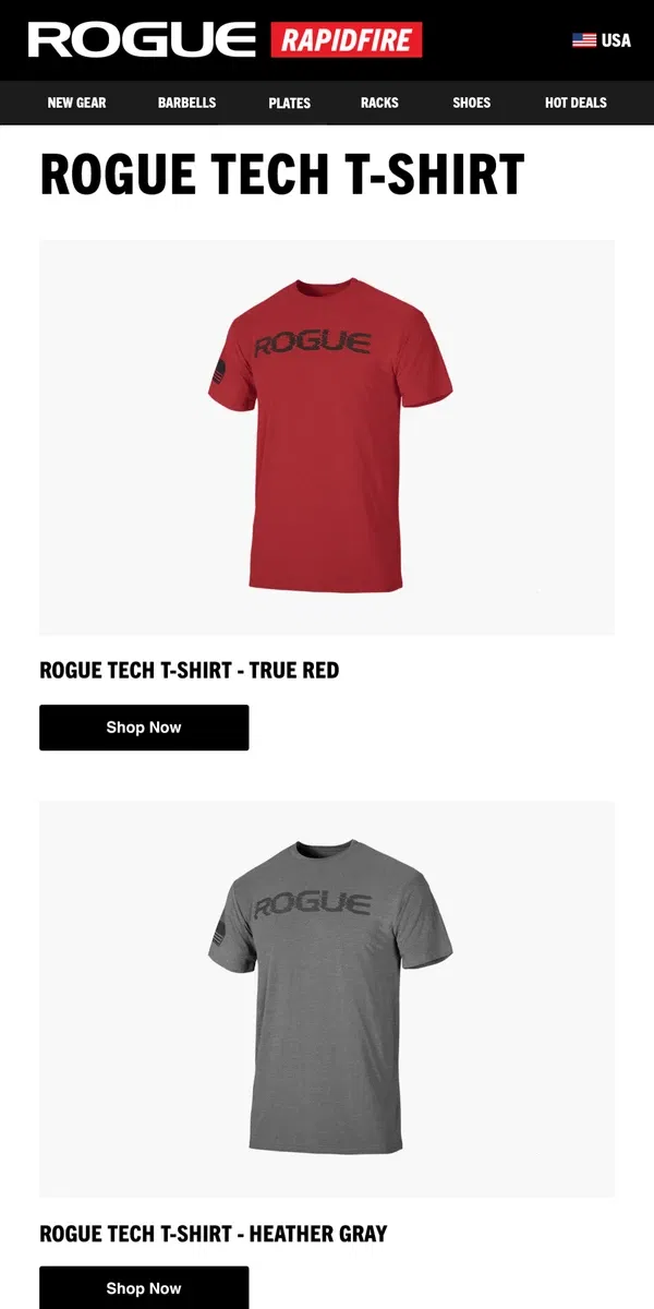 Email from Rogue Fitness. Just Launched: Rogue Tech T-Shirts, Nike Metcon 9 & Nike Savaleos