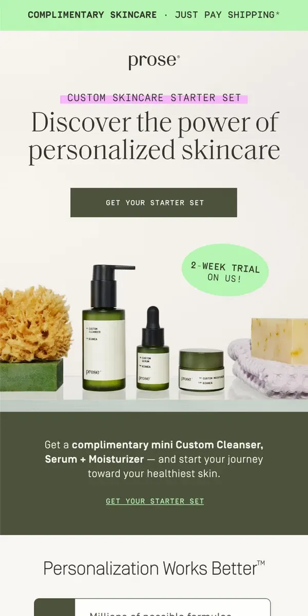 Email from Prose. Your ✨ healthiest  ✨ skin starts with a Skincare Starter Set