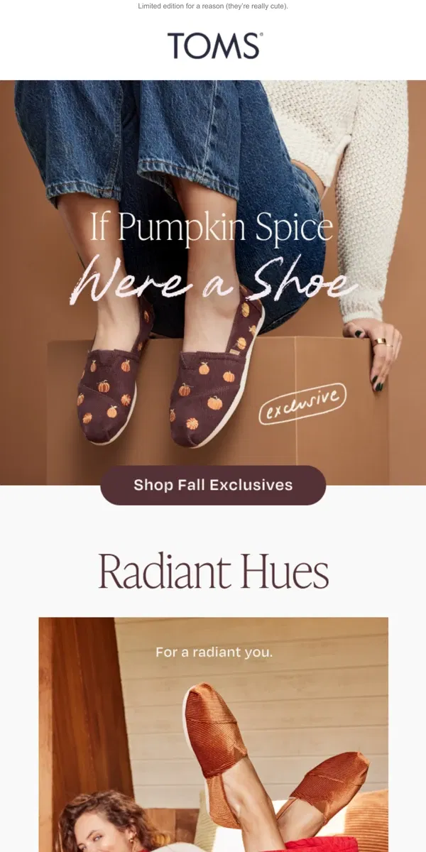 Email from TOMS. New: Pumpkin-Perfect Alpargatas