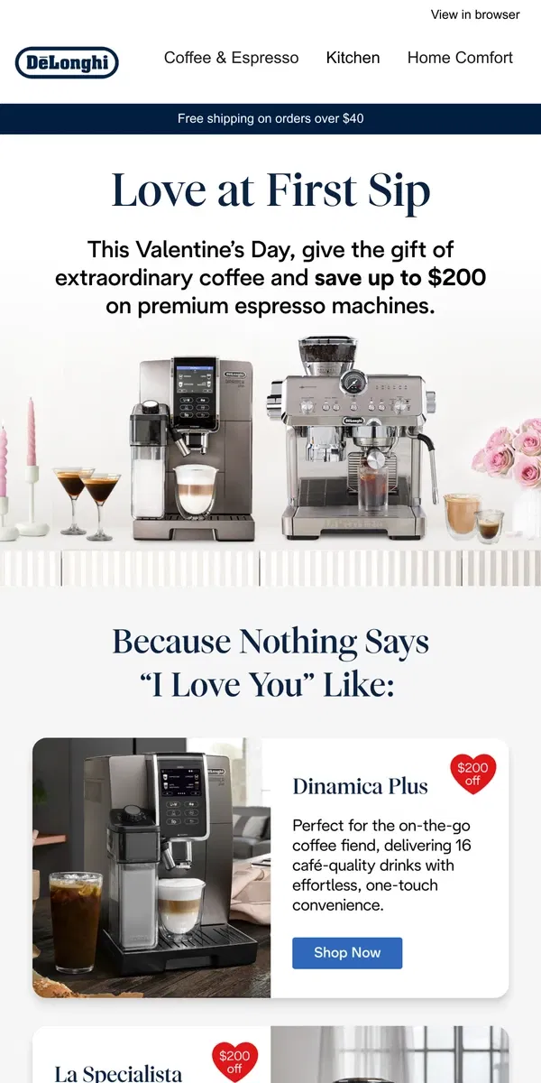 Email from De'Longhi. Love is brewing! Save up to $200 on De’Longhi