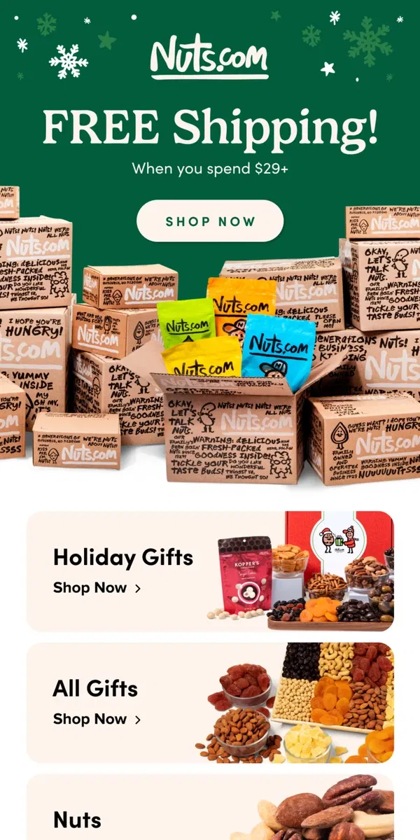 Email from Nuts.com. FREE Shipping = Un-Brr-Lieveable ❄️