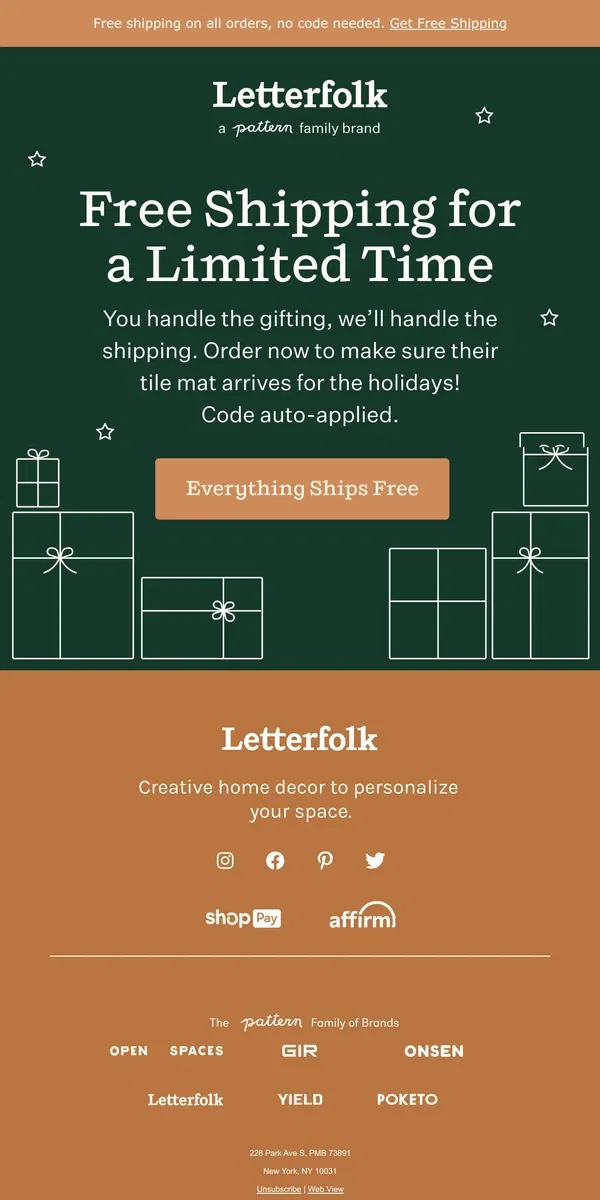 Email from Letterfolk. We got you something: it’s FREE SHIPPING! 🎁