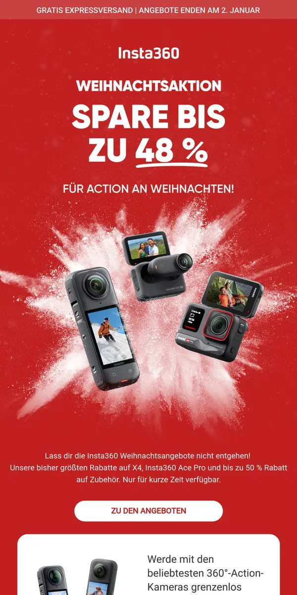 Email from Insta360. Insta360 Weihnachtsangebote! Die letzte Chance, 2024 zu sparen