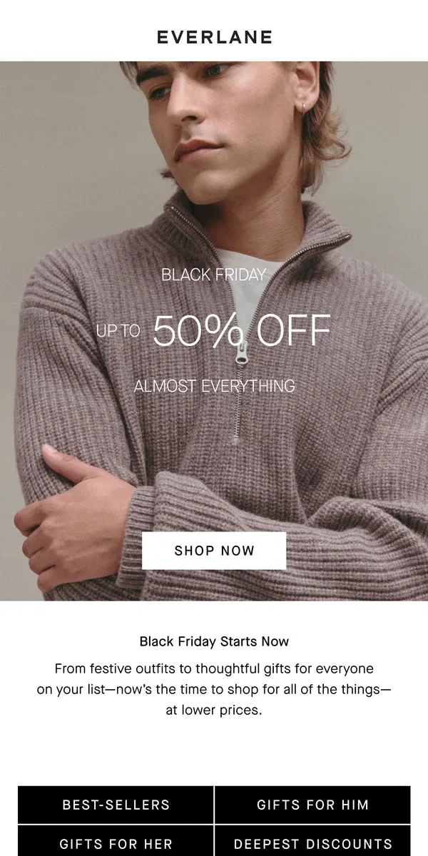 Email from Everlane. Starts Now: Our Best Black Friday Yet