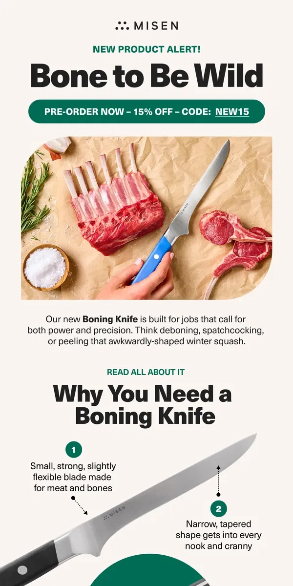 Email from Misen. NEW KNIFE ALERT: Meat Your Match