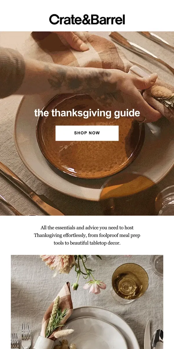 Email from Crate & Barrel. Our Thanksgiving Guide is here!