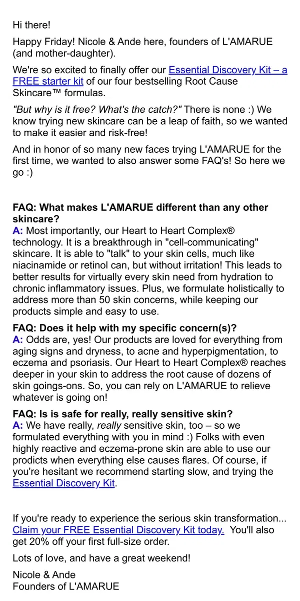 Email from L'AMARUE. Re: Aging, Acne, Sensitive Skin, and Dark Spots...