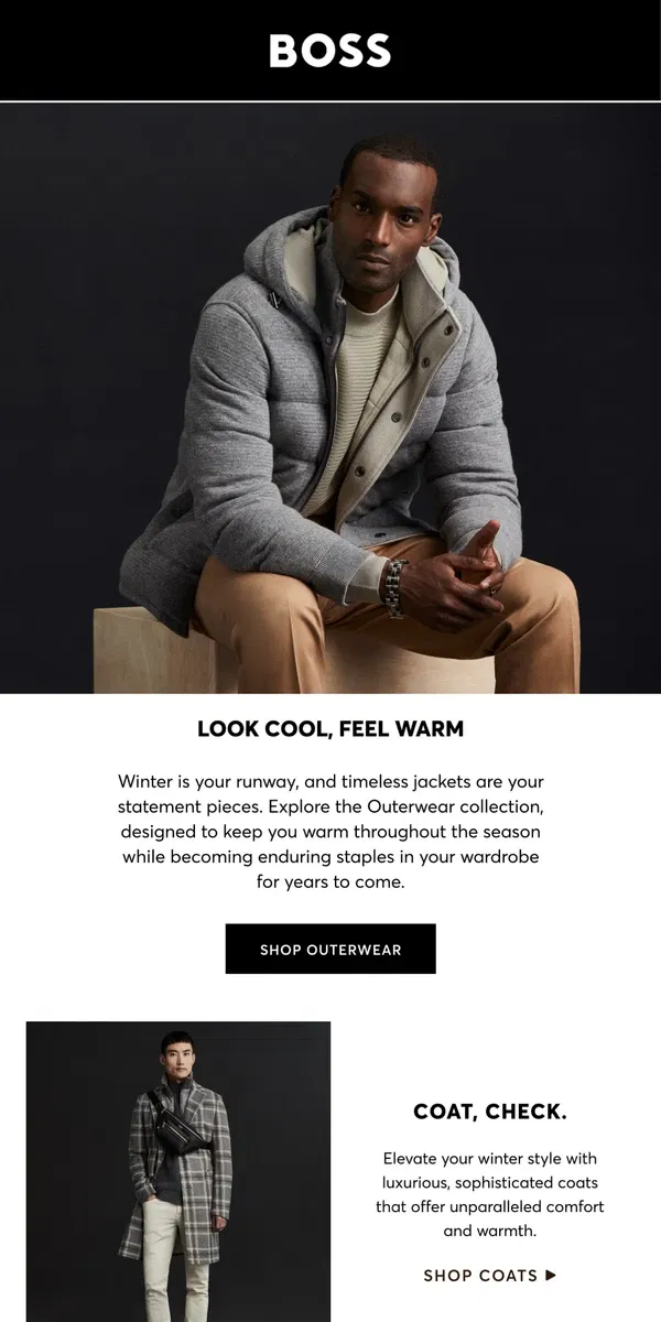 Email from HUGO BOSS. Timeless Outerwear