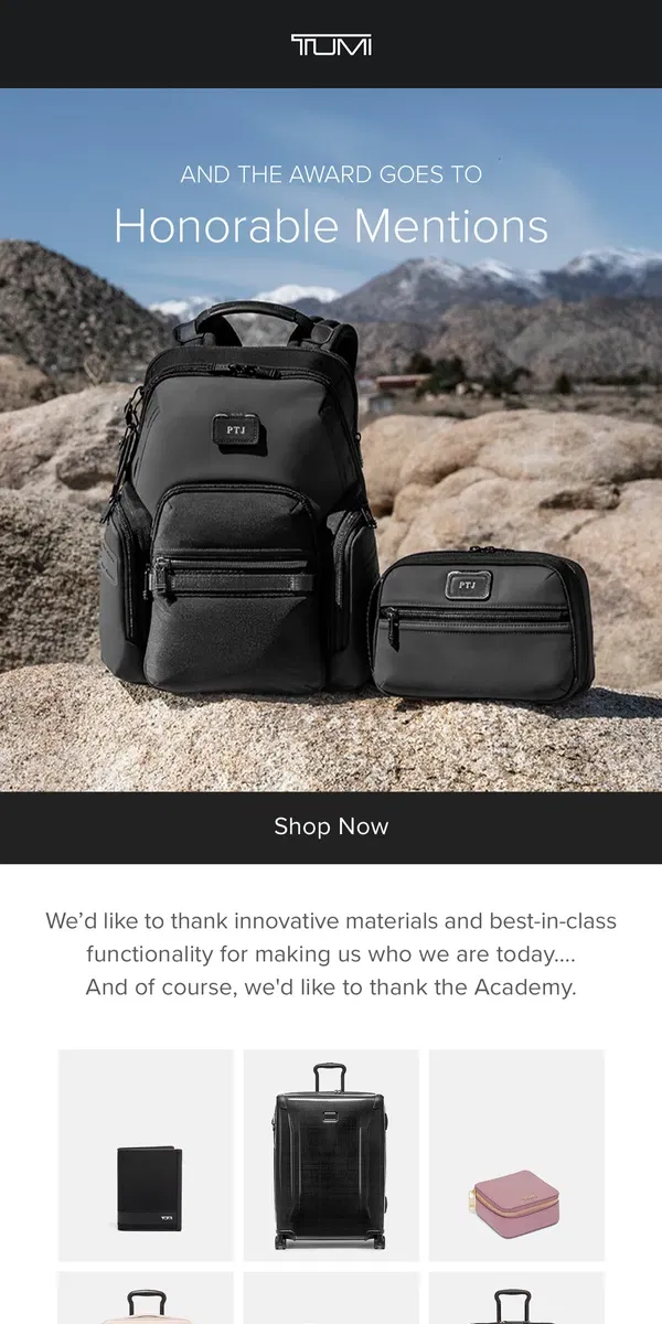 Email from Tumi. Award-Worthy Styles for Every Role