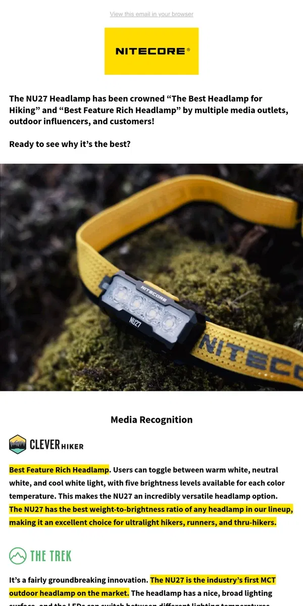 Email from NITECORE. The Headlamp Everyone Trusts – NU27